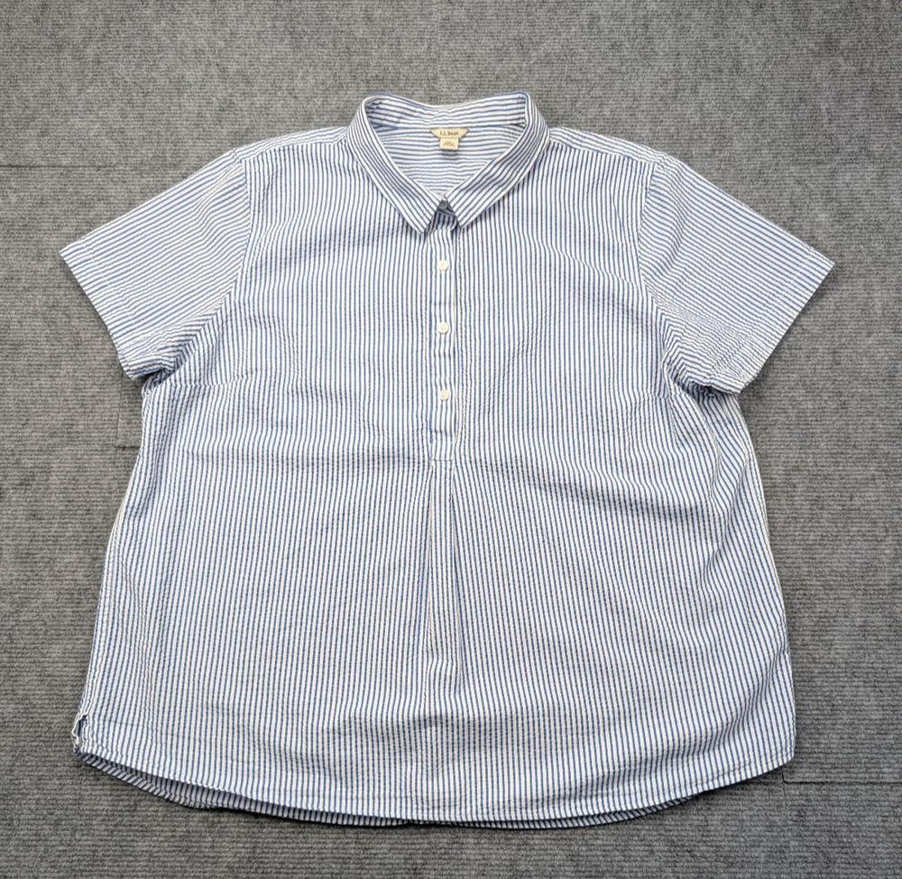 LL Bean Blouse Womens XL Seersucker Popover Camp Shirt Coastal Nautical Preppy